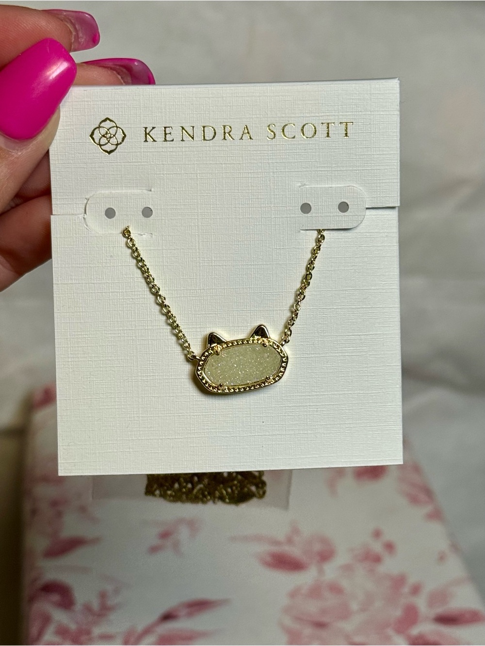 Kendra Scott Elisa White Cat Druzy Pendant Necklace Gold Chain